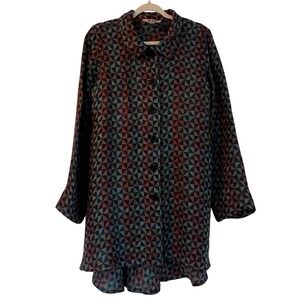 Flax 100% Linen Bias Back Shirt Geometric Pattern Oversized Tunic Top Size S